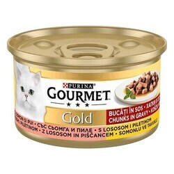 Gourmet Gold - Gourmet Gold Parça Etli Somonlu ve Tavuklu Yetişkin Kedi Konservesi 85 gr