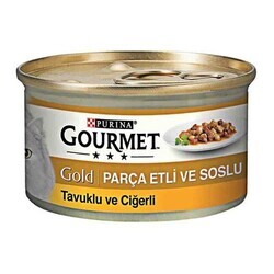 Gourmet Gold - Gourmet Gold Parça Etli Tavuk ve Ciğerli Yetişkin Kedi Konservesi 85 gr